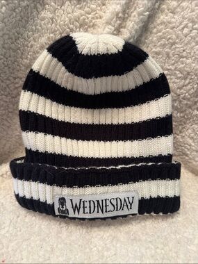 Wednesday Black & White Striped Knit Beanie OSFM
